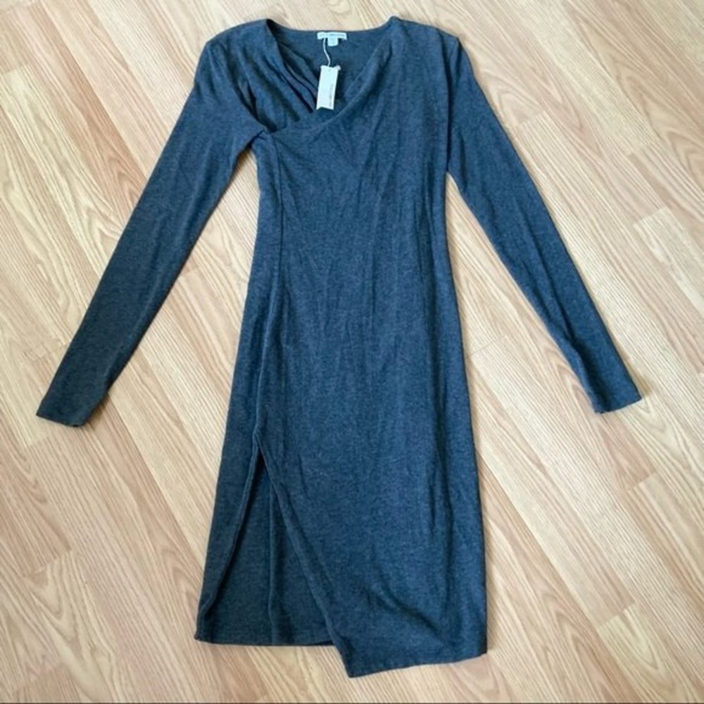 NWT James Perse Dark Gray Faux Wrap Jersey Dress Knee Length Size XS